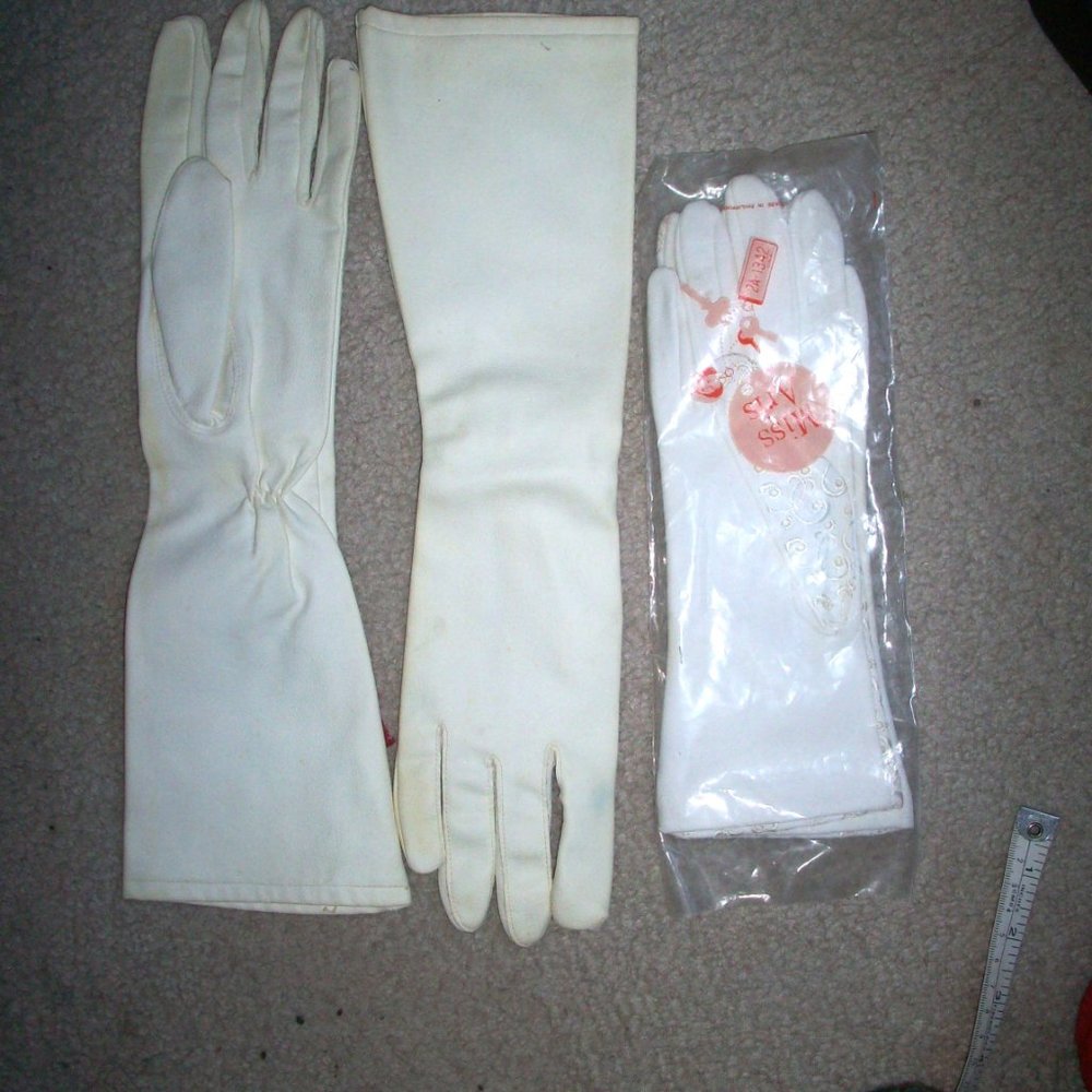 Miss Aris White 10” Poly Embroidered DRESS GLOVES Opera Formal + Longer Set